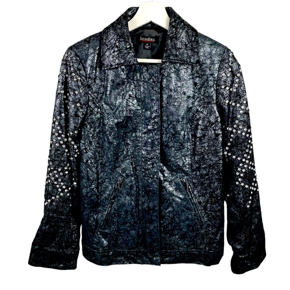 Bradley Bayou Black Silver Metallic Leather Moto Jacket with Rhinestones XS - Picture 1 of 13